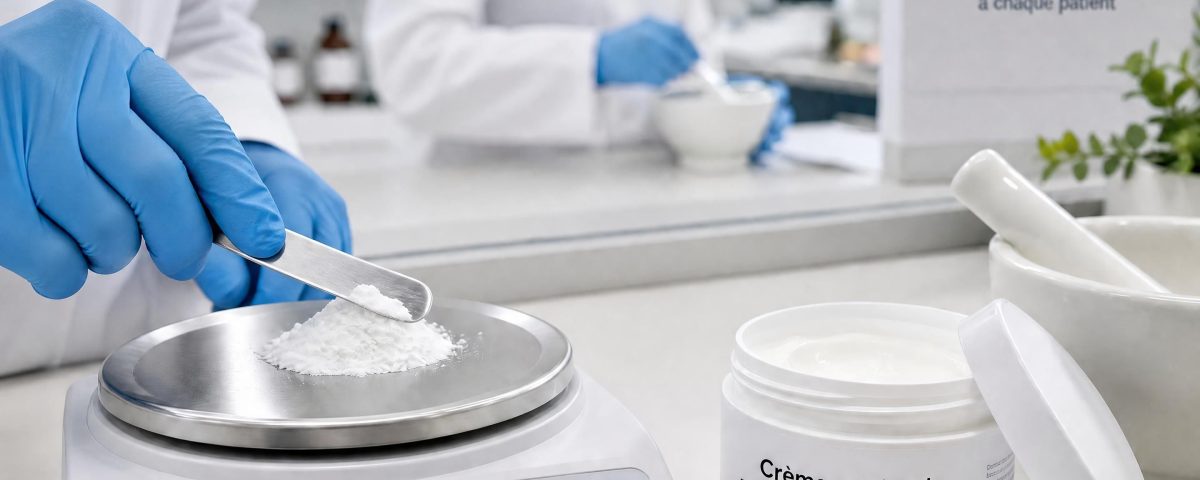 Pesée d'une poudre et pot de crème au préparatoire, préparation magistrale contre la douleur